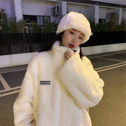 2023 Autumn and Winter New Korean Style Imitation Lamb Plush Jacket Loose Slim Coat Women Thickened Sweatshirt Jacket Women