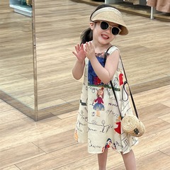 Summer 2024 Korean Style Children's Clothing New Arrival Girl's Cute Playful Print Sleeveless Maxi Dress Backless Top Dress