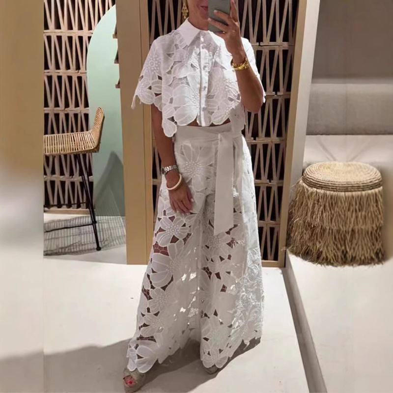 2025 Summer New Amazon Cross-border European and American Solid Color Sexy Hollow Cardigan Top Wide Leg Pants Two-piece Set for Women