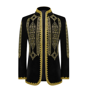 Retro men's European-style velveteen computer embroidered dress court coat black gold-inlaid opera stage performance clothing top