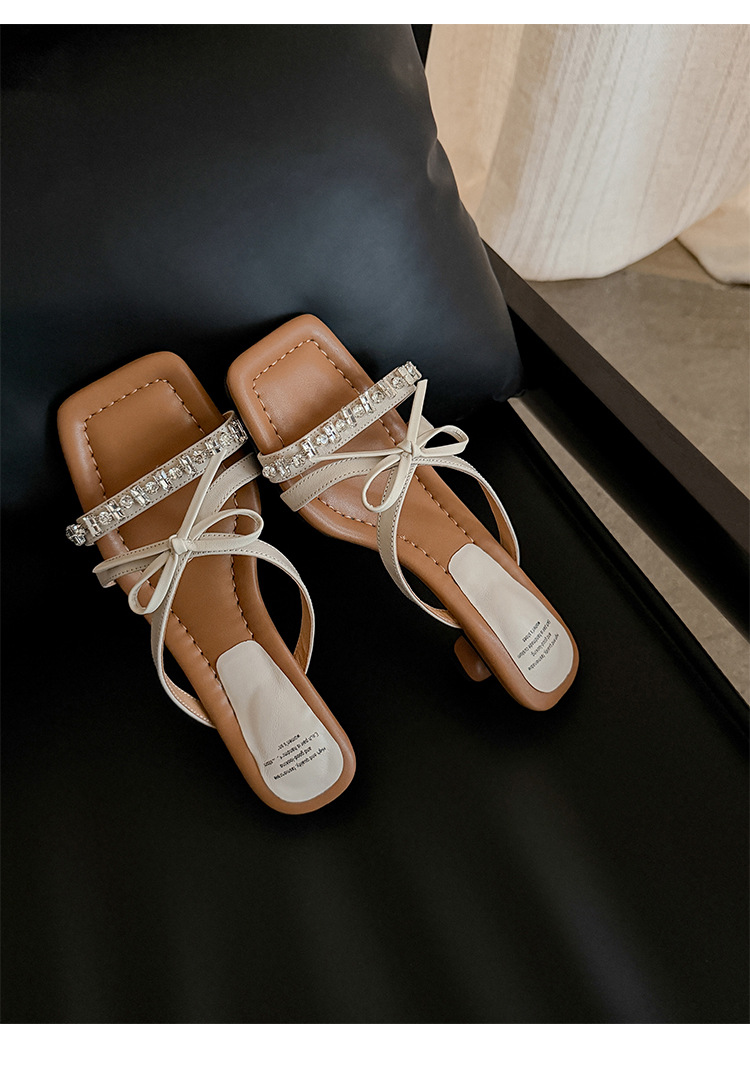 Sandal cao gót nữ mũi vuông đính đá pha lê, quai ngang nơ bướm, gót 9 cm — màu đen, Rượu vang đỏ, màu trắng ngà chi tiết 16