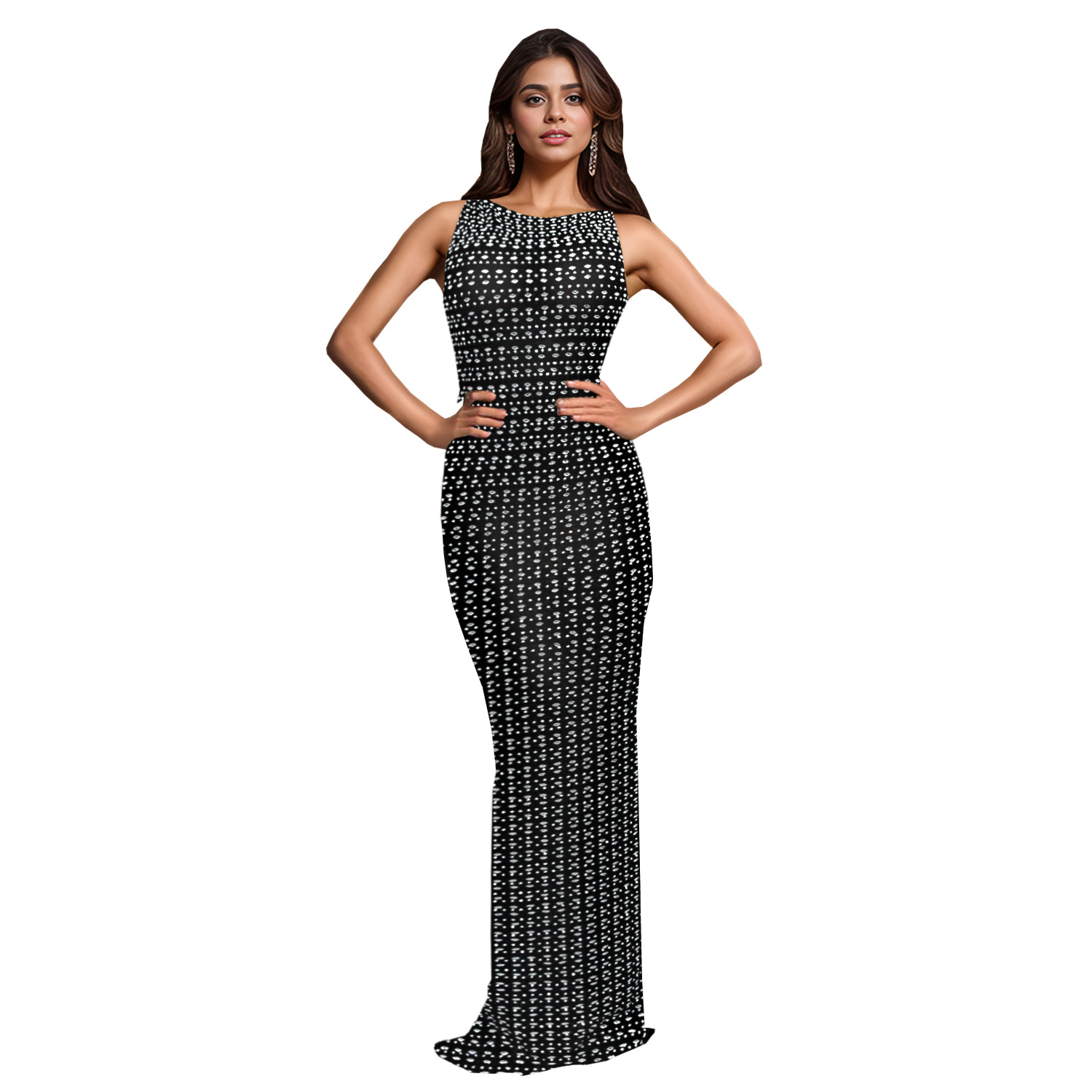 C7185 cross-border AliExpress Amazon Europa y los Estados Unidos moda de mujer delgada bolsas de brazo caliente taladro trasero vestido bifurcado nuevo image 7