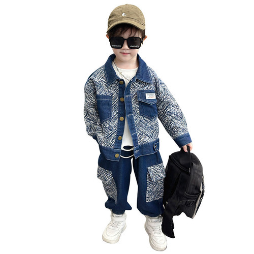 Boys' Fall Denim Set 2024 Spring and Autumn New Stylish Boy Cardigan Two-Piece Set for Boys Outerwear