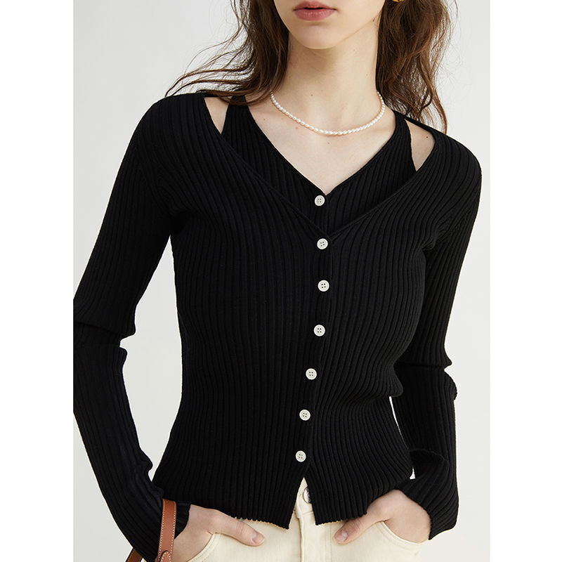 Spring and Autum New Style Shoulder Cut Out Knitwear Knitwear Cardigan Women's V Neck Slim Long-Sleeved Fake Two-Piece Bottoming Top