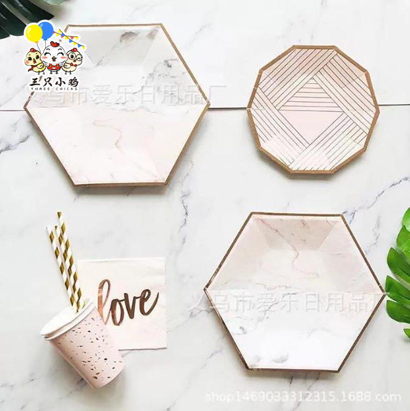 New Rose Gold Marble Hexagonal Paper Tray Paper Cup Letters love Paper Towel Tableware Disposable Party Set