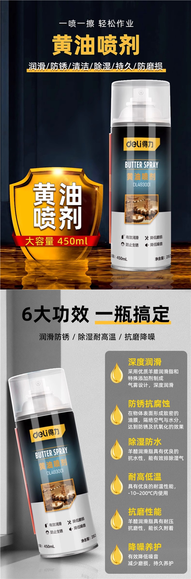 Deli Liquid Butter Spray Lubricant for Door Locks, Mechanical Car Door and Window Hinges, Noise Reduction Lubricating Grease for Tracks