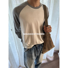EME 美利奴羊毛长袖复古基础休闲圆领插肩袖打底衫T恤上衣男女