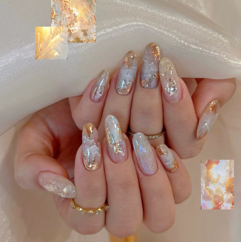 Wm-317 Baroque Smudged Fake Nails Almond Cross-Border Oil Painting High-End Elegant 24 Pieces Wearable Nails Wholesale