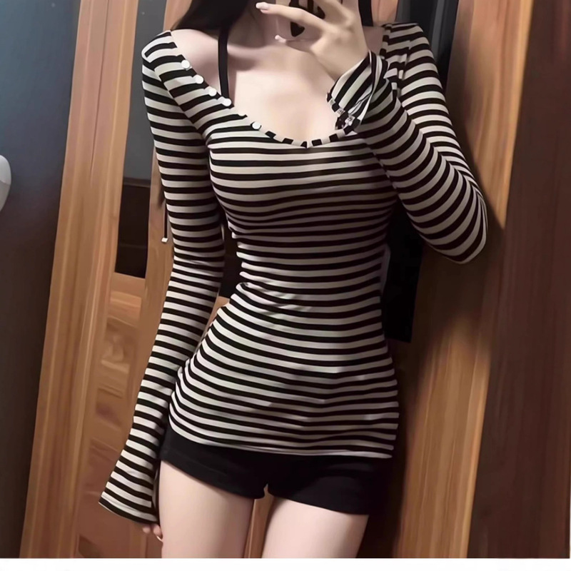 Pure Desire Striped Deep V-Neck Flared Sleeve Korean Style Pure Desire Temperament Hot Girl Slim Fit Tight Long Sleeve T-Shirt Women's Top Pure Desire Striped Deep V-Neck Flared Sleeve Korean Style Pure Desire Temperament Hot Girl Slim Fit Tight Long Sleeve T-Shirt Women's Top