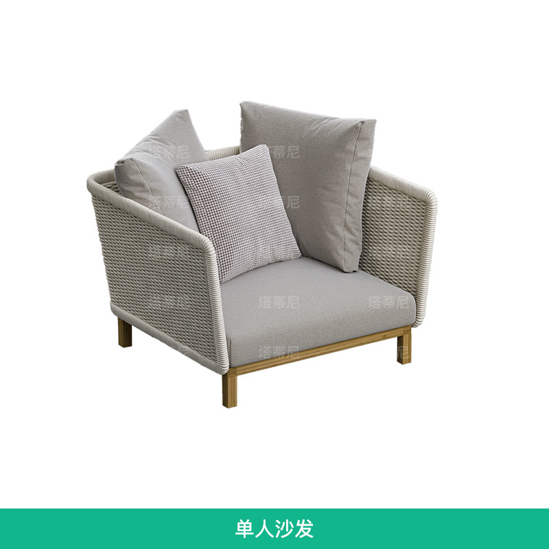Sofá de patio exterior, conjunto de muebles para jardín y balcón, sofá de ratán y teca resistente al agua y al sol para terraza de villa.