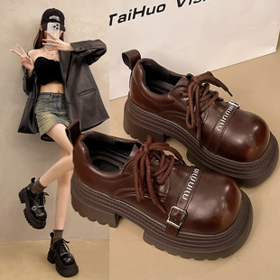 European muffin single-layer shoes small thick-soled height-increasing small leather shoes 2025 spring new fashion high-heeled Lefu women's shoes tide
