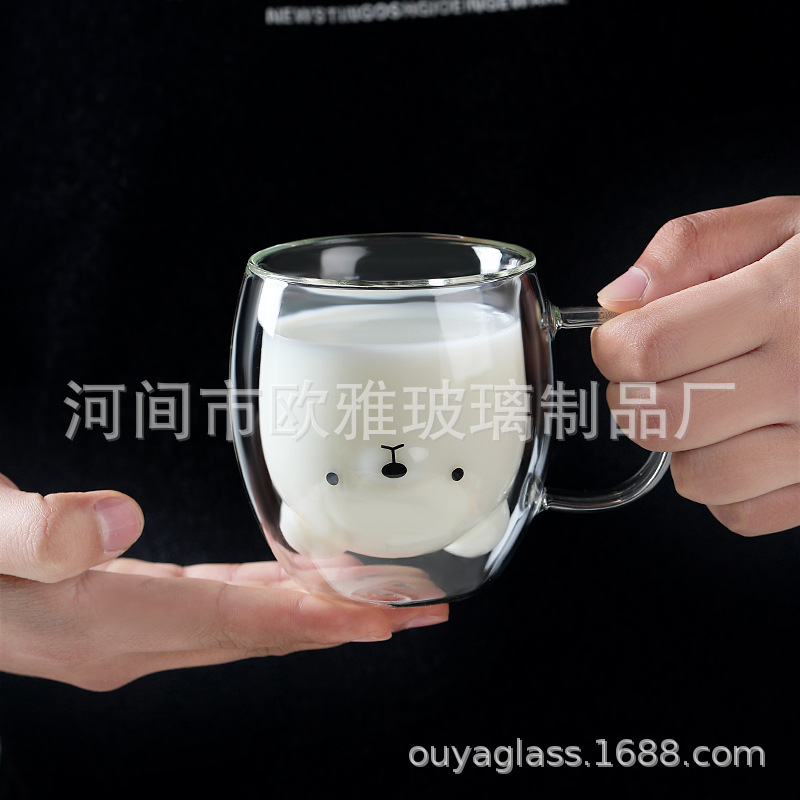 Vidrio de dibujos animados marca leche jugo oso doble capa taza de café borosilicato colorido lindo hogar taza de té