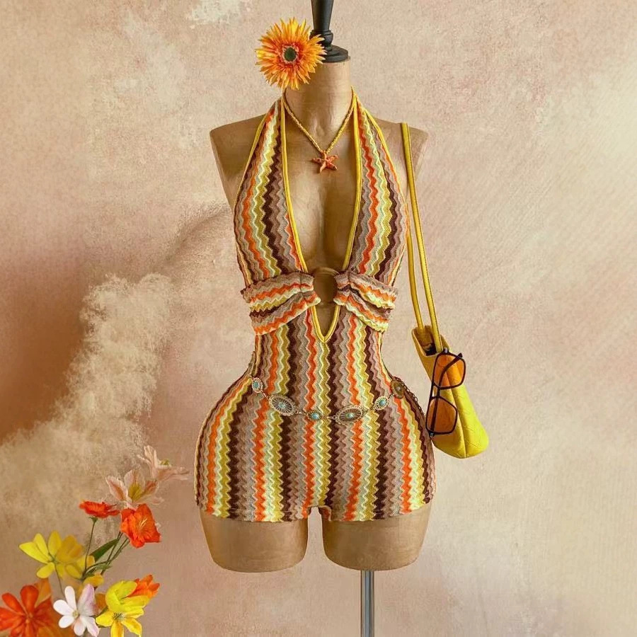 American Retro Wavy Striped Halter Neck Jumpsuit Shorts For Women Deep V Hollow Out Slim Fit Knit Jumpsuit_ecoleips.com
