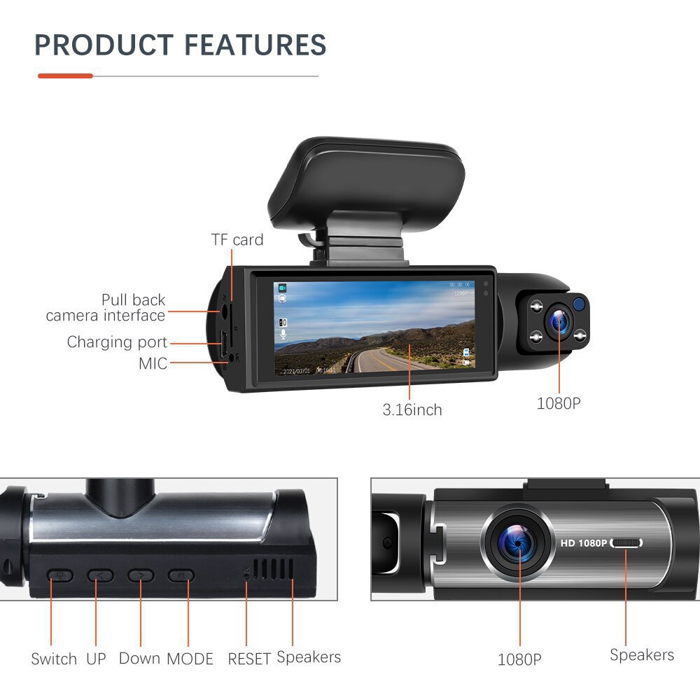 Cross-border M8 Dash Cam 1080P HD Night Vision Dashboard Front Interior Rear Triple-Camera Recorder