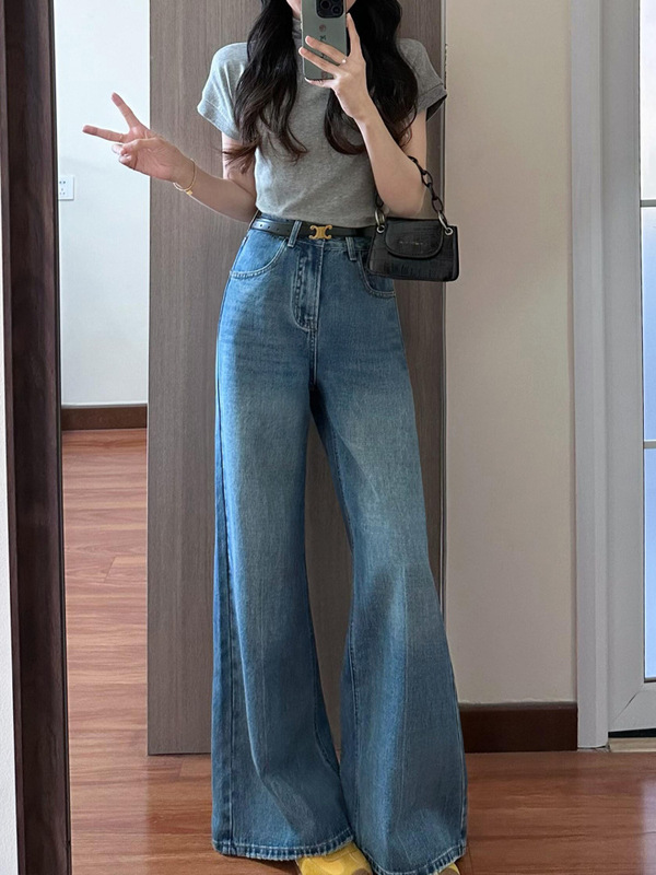 梨型身材蓝色直筒牛仔裤女秋季薄款胖妹妹mm高腰遮胯显瘦阔腿长裤|undefined