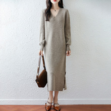 秋季新款修身包臀打底长裙女中长款喇叭袖针织裙100纯羊毛连衣裙