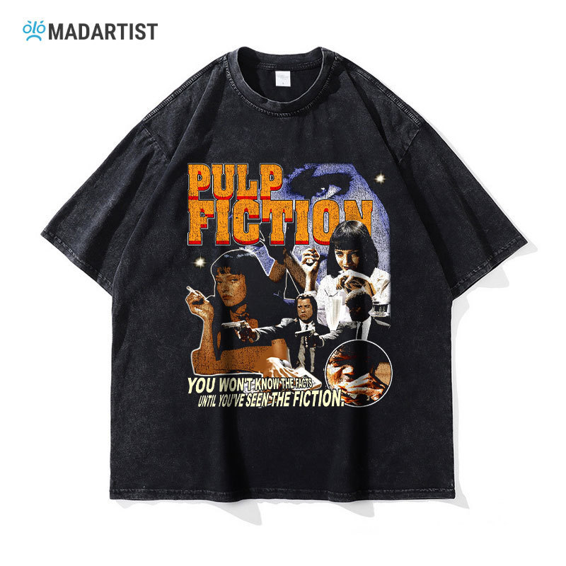 Madartist Movie Low Novel Washed Distressed T-Shirt Pulp Fiction American Retro Short-Sleeved Men's Clothing