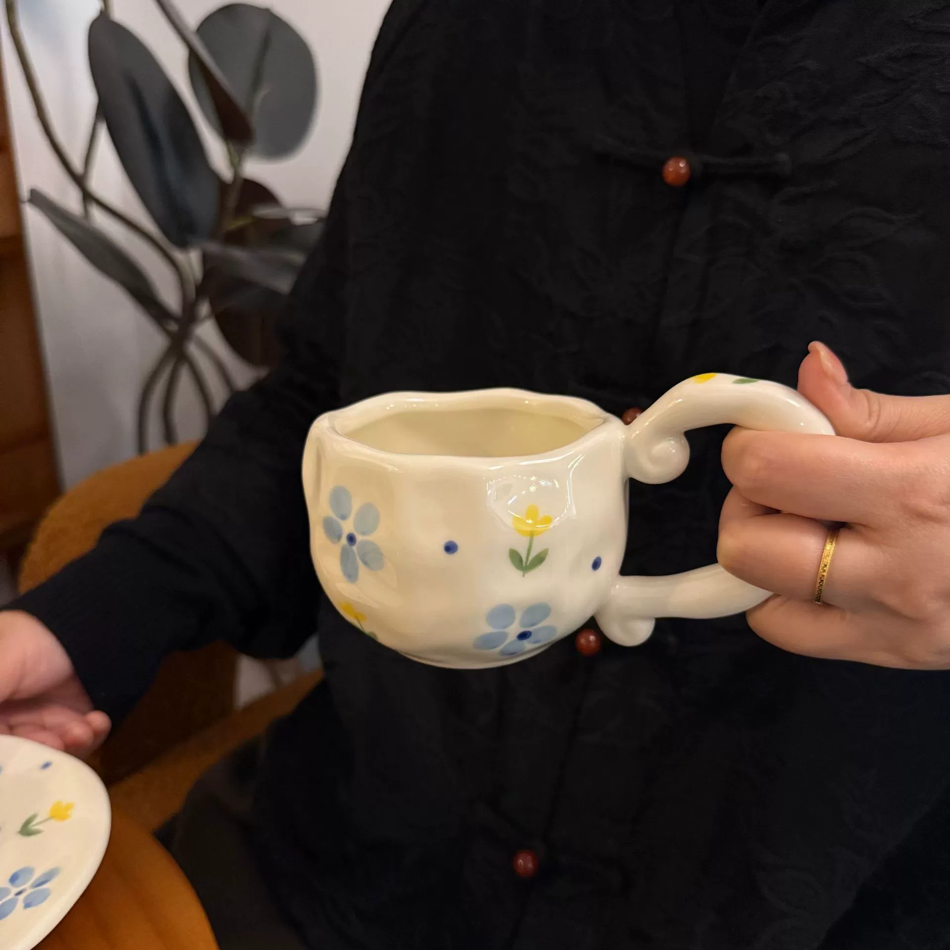hand-painted ceramic coffee cup, francе retro из стиля, 300 мл, неравномерный милый дизайн