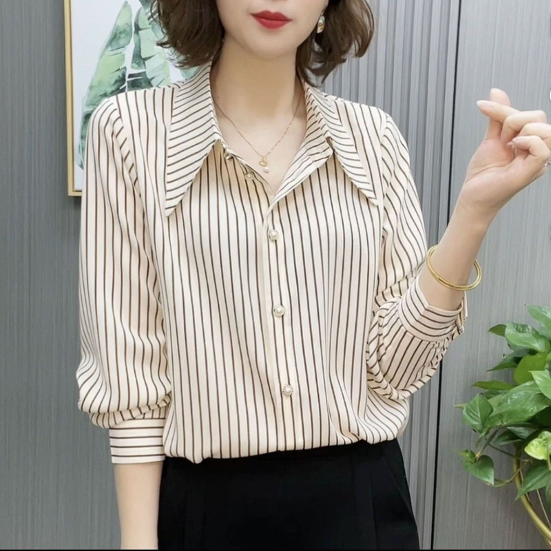 New fashion striped women's long-sleeved shirt versatile slimming spring and summer shirt Korean style long-sleeved shirt Women's leading
