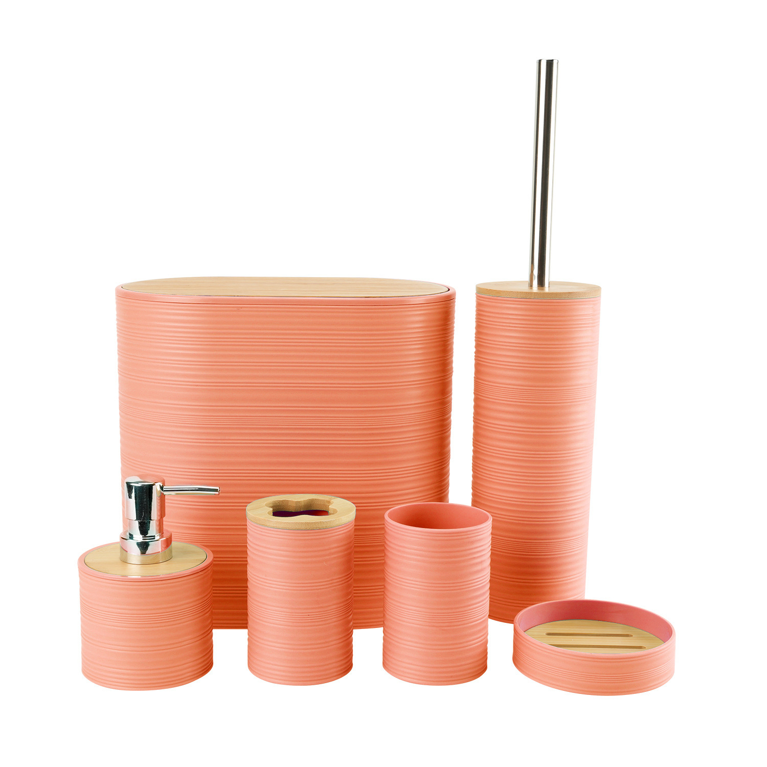 Tapa de bambú de patrón horizontal, baño, lavado de plástico, fabricante de seis piezas, almacenamiento de baño al por mayor, estante para enjuague, funda para cepillo de dientes