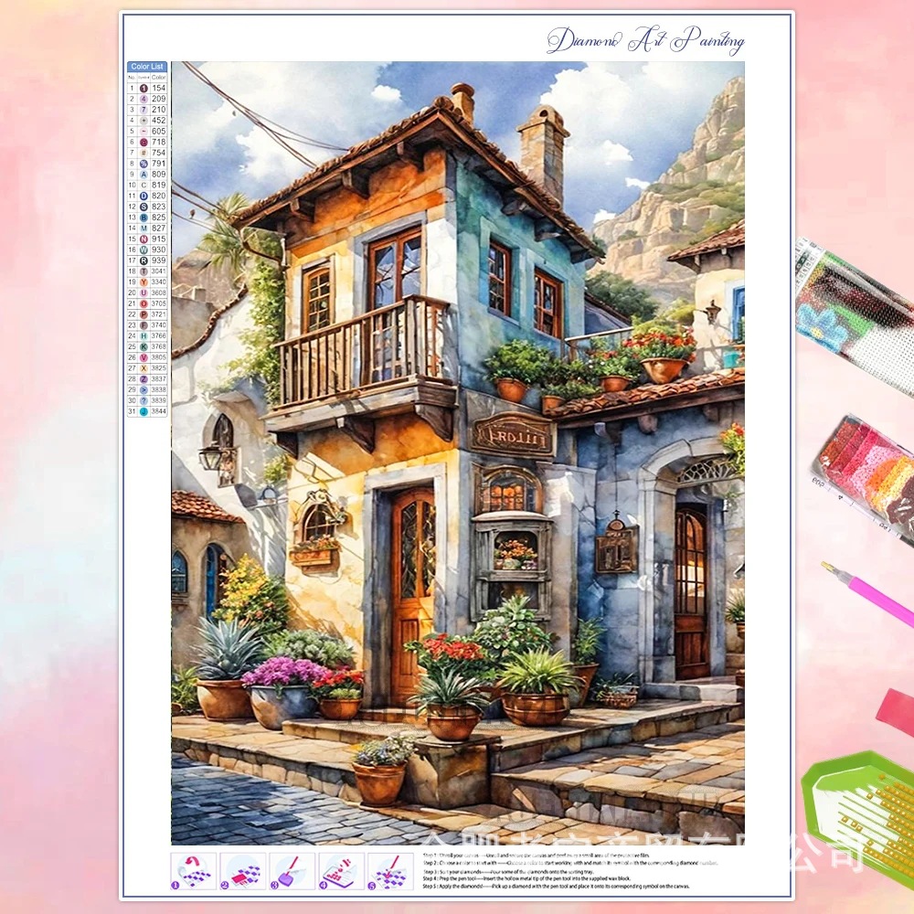 Venta caliente transfronteriza dibujos animados ciudad de bricolaje casa paisaje lleno de diamantes sala de estar dormitorio decoración pegatinas fabricante de pintura de diamantes