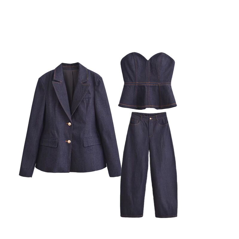 AliExpress Cross-border 2025 Denim Suit Jacket Bucket Jeans Denim Strapless suit R3-20079