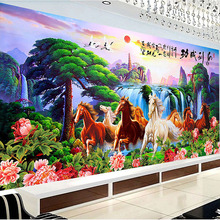 满钻新款八骏图马到成功十字绣5d钻石画客厅迎客松流水生财绣