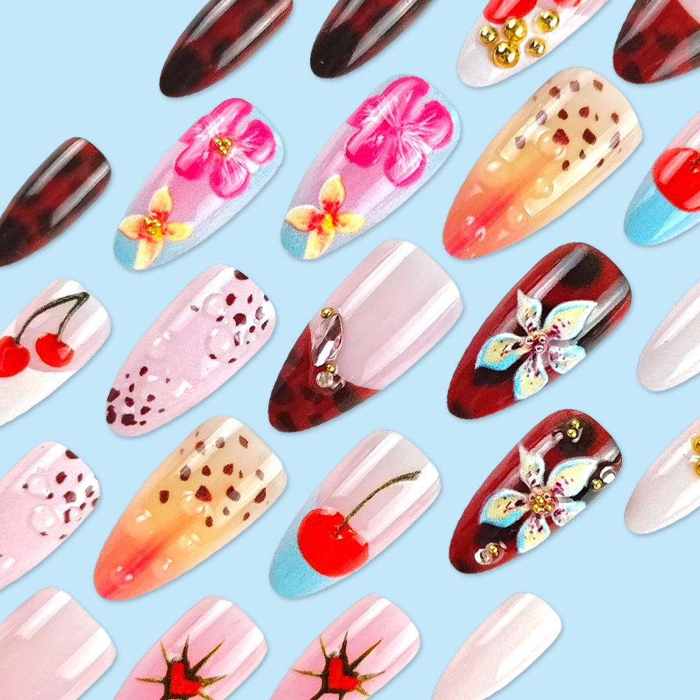Ventas transfronterizas en relieve tridimensional perforación de uñas flores de cereza hermosas uñas 24 piezas parches de uñas terminados image 4
