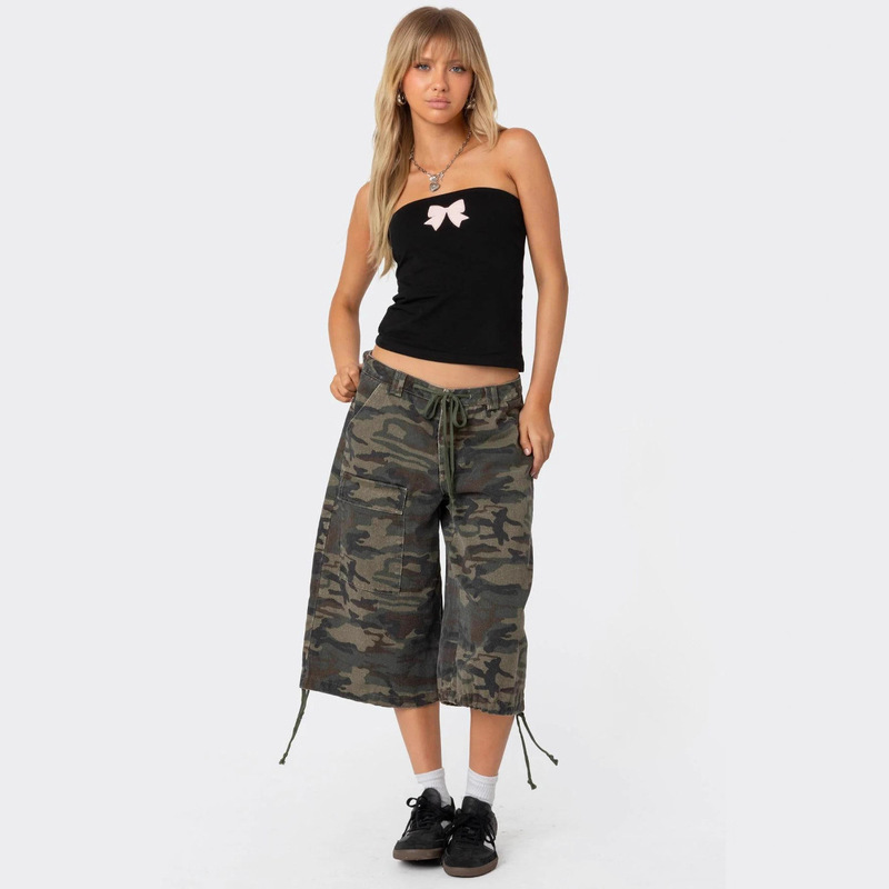 2026 New Cross-Border European and American Style Pocket Wide-Leg Camouflage Workwear Trendy Loose Casual Cropped Jeans for Women