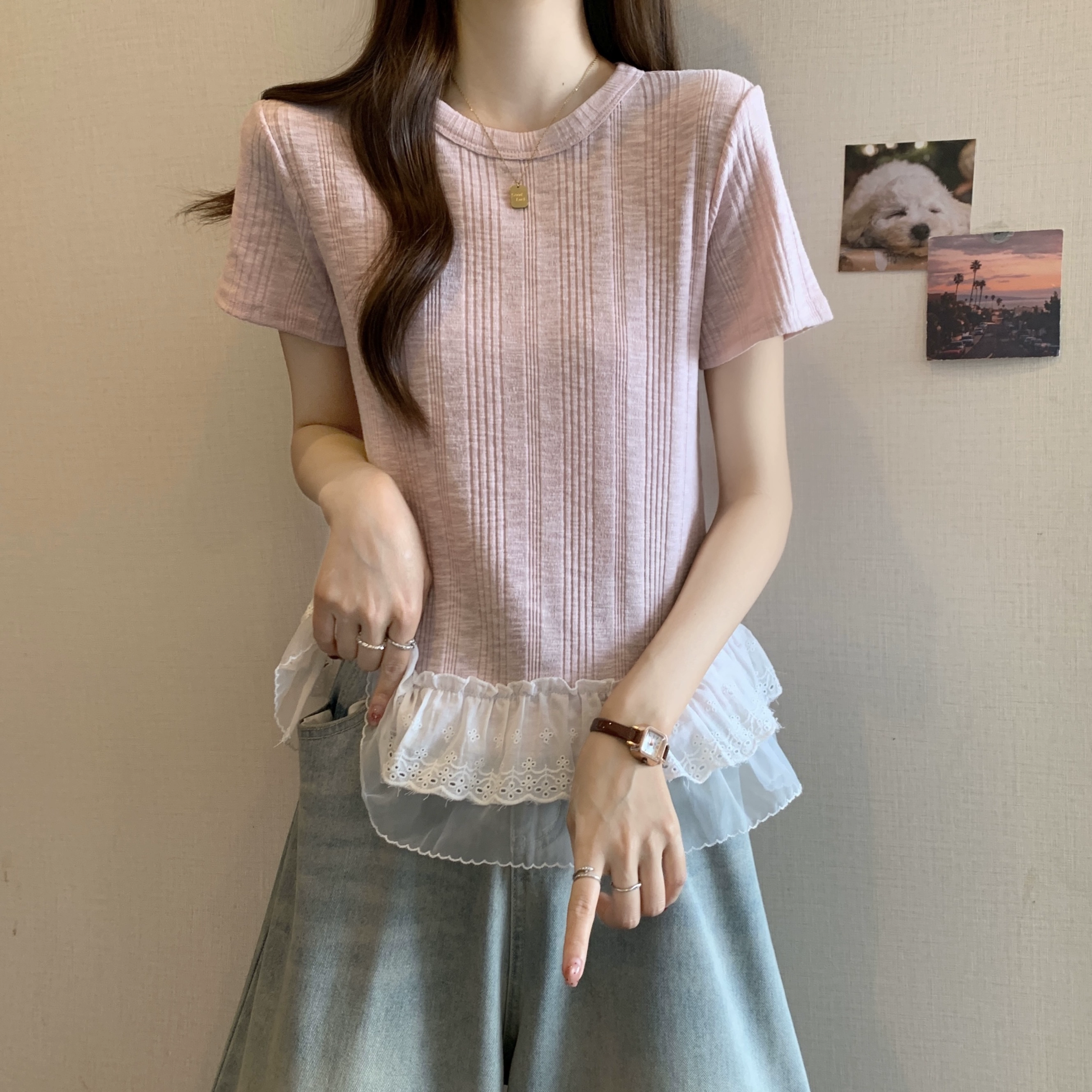 Розовая кружевная сшитая футболка с короткими рукавами 2025 новая летняя новая женская толстая мм тонкая рубашка