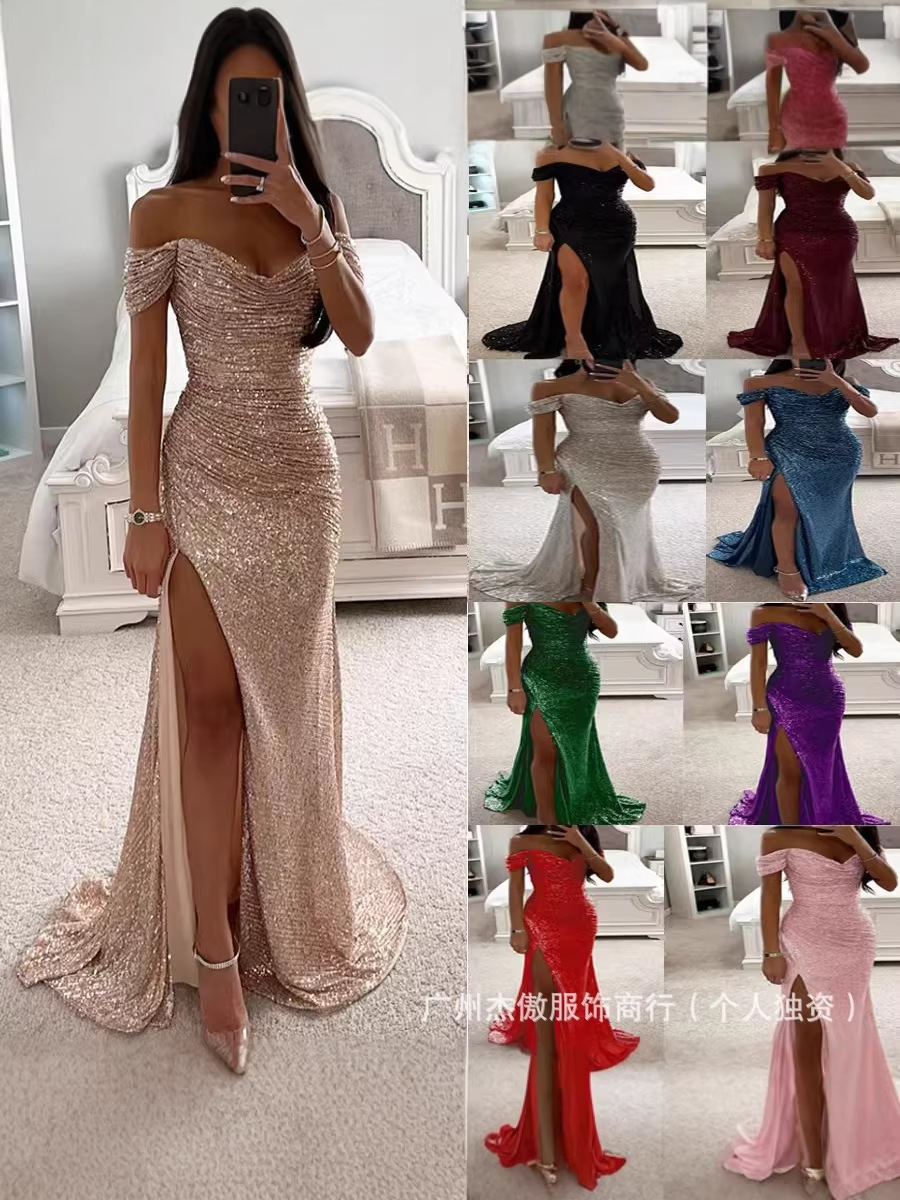 Cross-Border 2025 European and American New Style Party Sequin Off-Shoulder Slit Dress Ins Casual Fashion Dress for Women