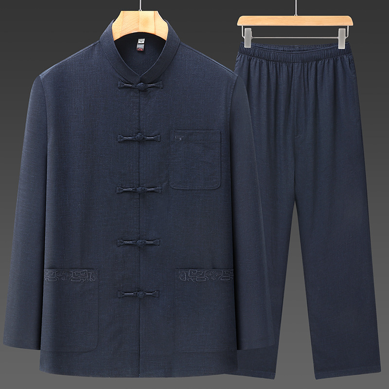 Two-piece breathable Zhongshan suit for middle-aged men, made of Tencel linen with stand-up collar and Chinese knot buttons, wholesale complete set of traditional Chinese tea attire.