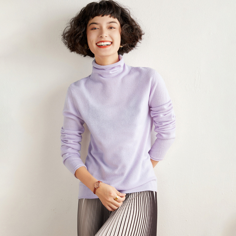 Pile-Neck Cashmere Sweater for Women, Solid Color, Loose Knit, Seamless Wool Base Layer, High-Neck Inner Sweater
