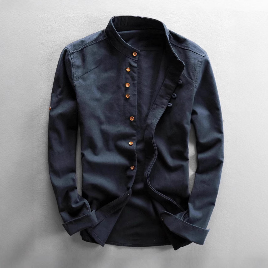 2026 Cross-Border European and American Men's Fashion Autumn and Winter New Linen Cotton Men's Shirt Stand Collar Casual Shirt