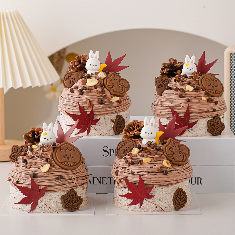 2025 Happy Mid-Autumn Festival Cake Decoration Cartoon Cute Jade Rabbit Ornament Autumn Red Maple Leaf Chestnut Dessert Plug-In