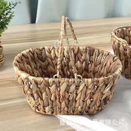 跨境葫芦草编织收纳盒可手提户外野餐小吃提篮家用水果点心面包筐