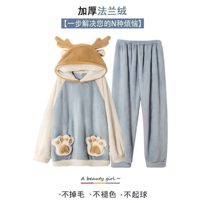 YI ROU QING 가을과 겨울 남자와 여자를위한 두꺼운 플란넬 커플 잠옷 따뜻한 산호 양털 겨울 홈 옷