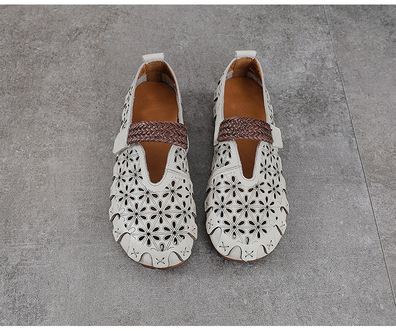 Sandal nữ da bò thật đế bệt phong cách retro họa tiết rỗ — màu trắng chi tiết 14