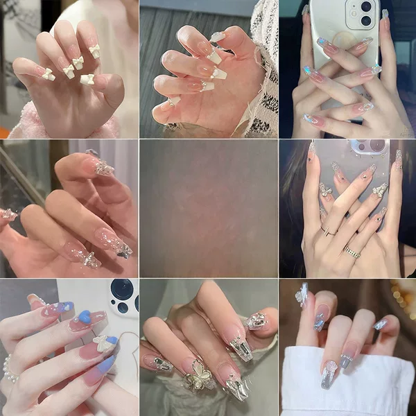 Fake Nail Patches, Long Nail Stickers, Wearable Nail Glitter Bow, Finished Nail Art, Free Tool Kit