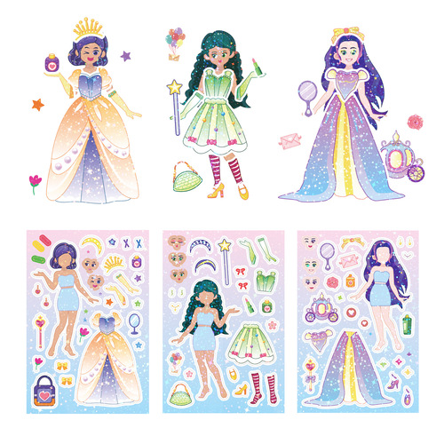 Princess Fairy Tale Face Swap Sticker Set of 8 Cute Colorful Notebook Dress-Up Stickers Cartoon Girl Puzzle Stickers