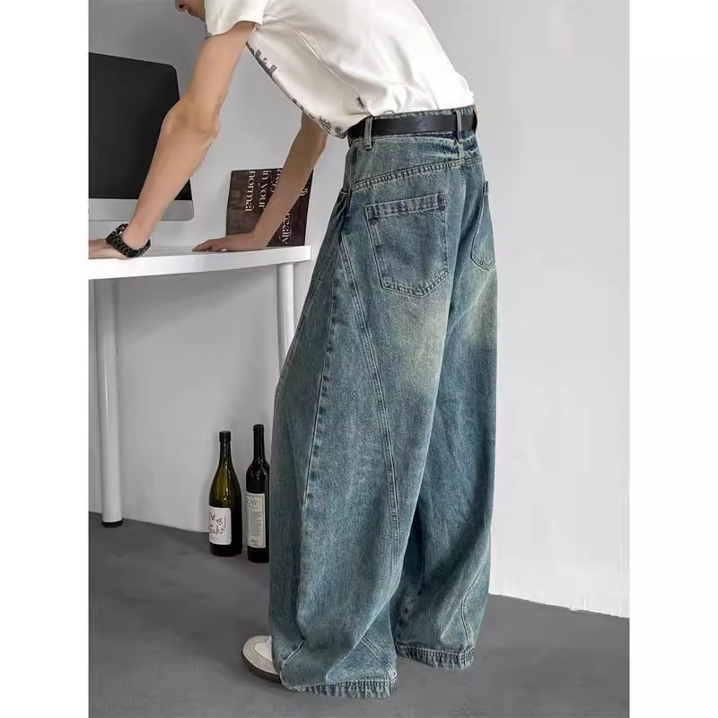美式阔腿弯刀牛仔裤男潮牌cleanfit水洗做旧宽松显瘦拖地微喇裤子