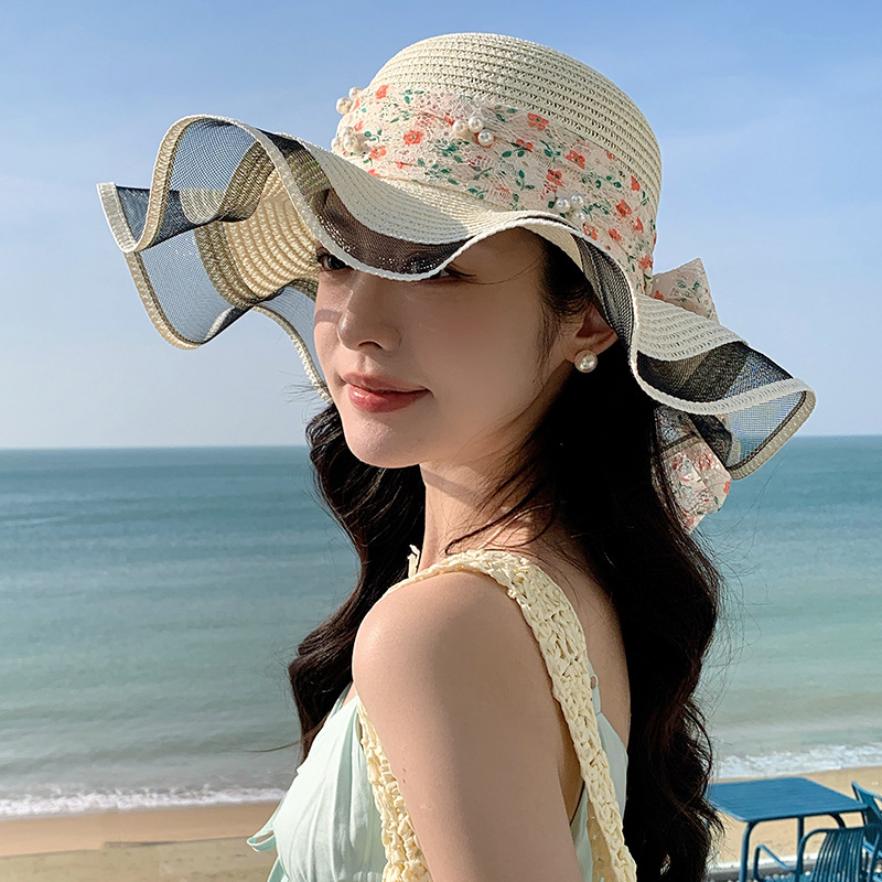 Sombrero de paja con lazo – estilo veraniego, ala ancha, para playa o vacaciones al aire libre