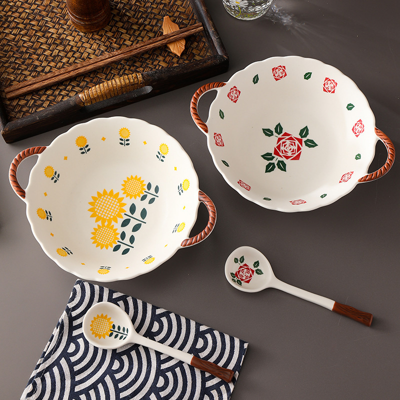 Ceramic double-ear bowl high color value dinner plate long handle flower spoon Kitchen 10,000 kinds of imagination tableware gift generation