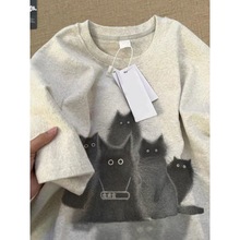 宽松韩版猫咪印花短袖T恤男女生春夏季中长款时尚休闲上衣服