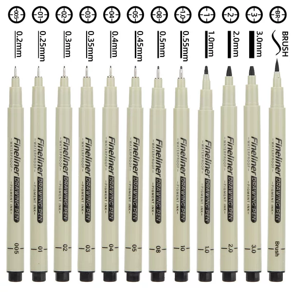 Black waterproof fine-tip needle pen for painting and art, designed for hand-drawing, quick-drying anime outlining pen, 12-piece box set