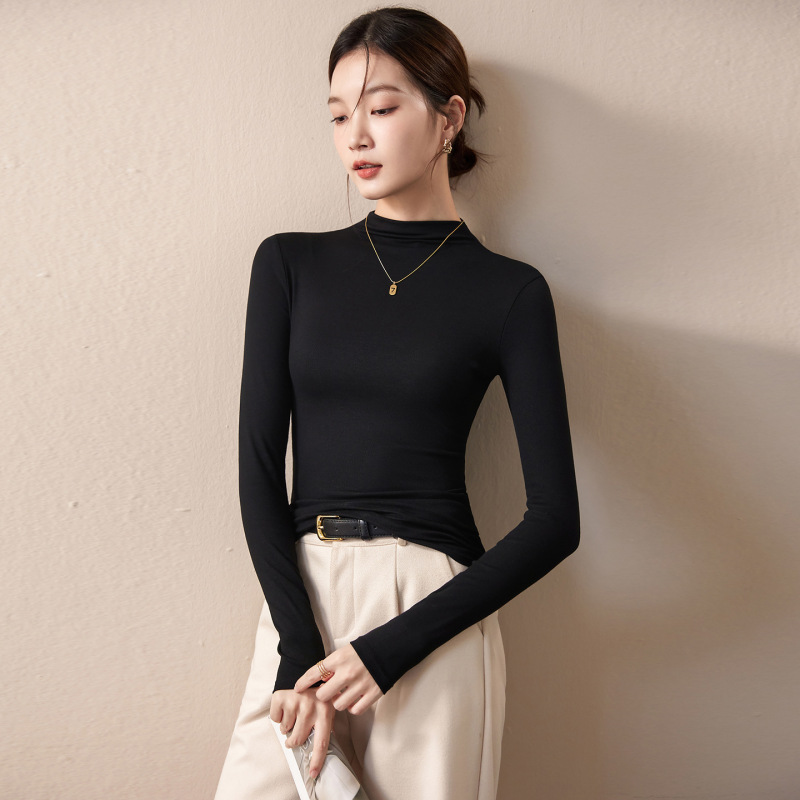 半高领打底衫女2025新款春秋季内搭咖色长袖t恤早秋修身针织上衣|undefined