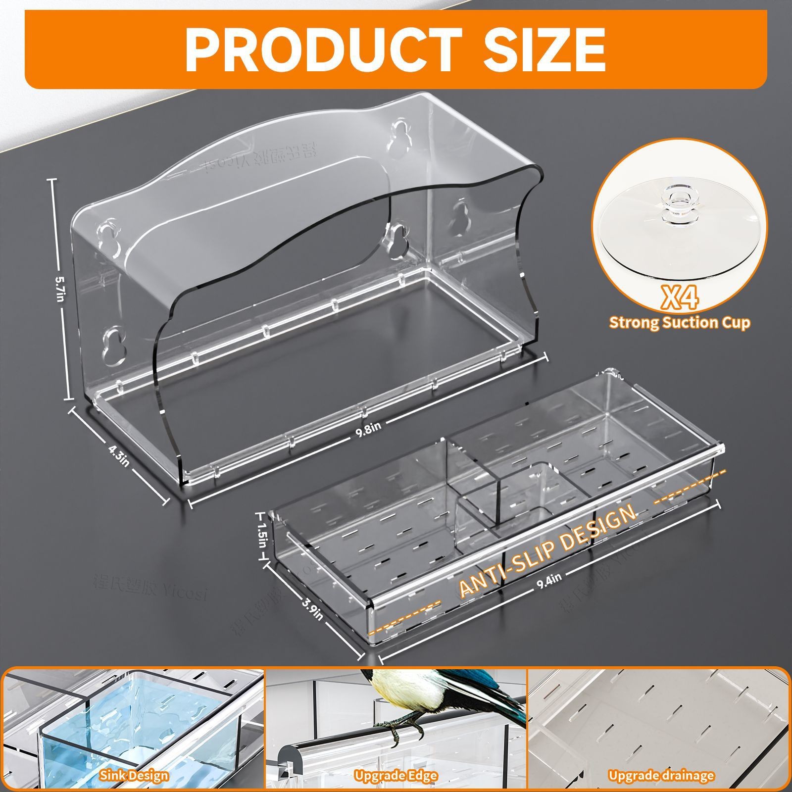 Amazon transparent acrylic outdoor bird cage parrot cage wall-mounted hole-free suction cup bird feeder pet supplies 4