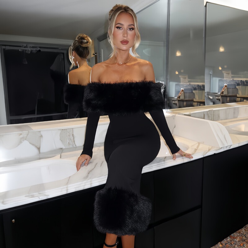 2026 European and American Style Long Dress, Autumn Style, One-Shoulder, Fur Collar, Patchwork, Waist-Cinching, Long-Sleeve, Slim-Fit Dress with a High-End Feel 2026 European and American Style Long Dress, Autumn Style, One-Shoulder, Fur Collar, Patchwork, Waist-Cinching, Long-Sleeve, Slim-Fit Dress with a High-End Feel