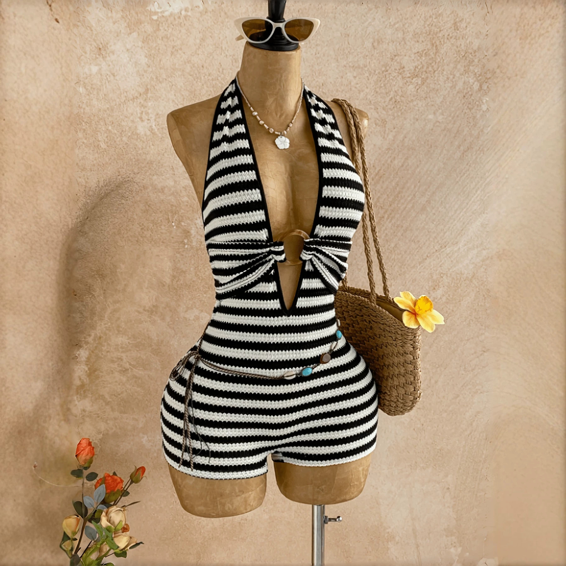 Black & White Striped Halter Neck Bodysuit - Cutout Design Jumpsuit For Women, Sexy Backless Summer Outfit With Waist Accent_ecoleips.com