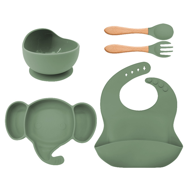 Plato de cena de silicona para niños tenedor cuchara traje de babero suministros maternos e infantiles traje de vajilla de alimentación infantil de grado alimenticio de silicona